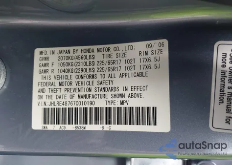 2007 Honda Cr-V Ex-L from USA, damaged, VIN JHLRE48767C010190